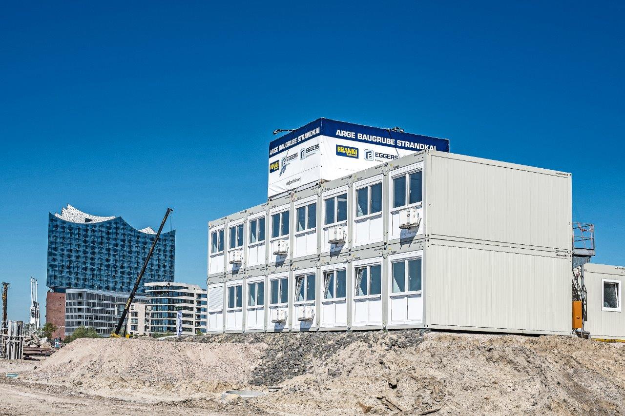 ELA Container - Système d’atelier et conteneur de stockage sur un grand chantier à Hambourg Vue diagonale